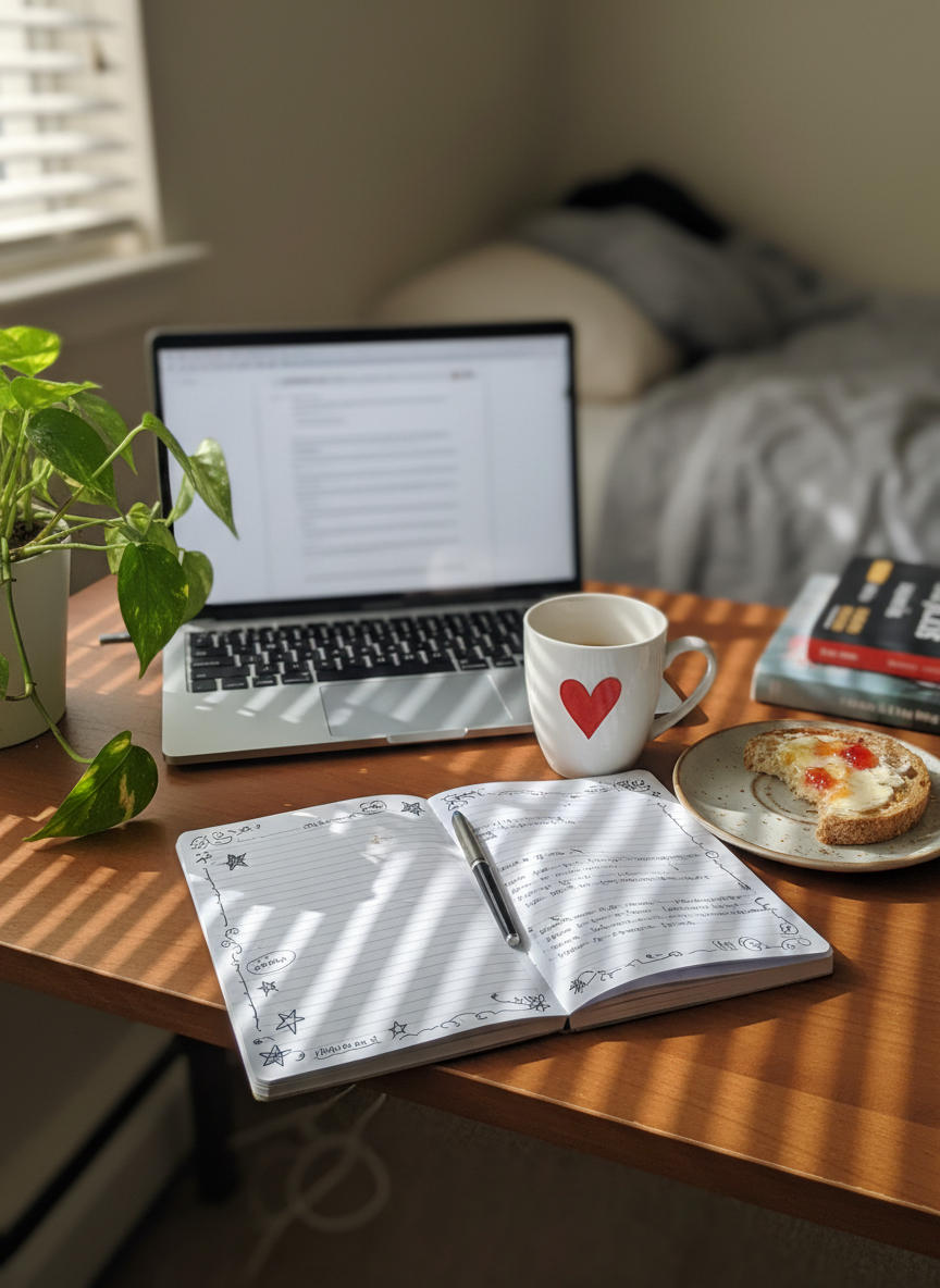 A slightly messy wooden desk in a small apartment, strewn with a slim silver laptop, a half-eaten slice of toast, a crooked notebook with doodles along the margins, and a pristine white ceramic coffee mug with a faint lipstick-like smudge replaced by a small red heart sticker. Soft morning light filters through off-frame blinds, casting striped shadows over the keyboard and notebook. A small, overwatered houseplant droops in the corner of the frame, leaves catching tiny highlights. Photographic realism, shot from a slightly elevated angle with shallow depth of field, creates an intimate, relatable mood of everyday work and life blending together in a playful, slightly chaotic atmosphere.