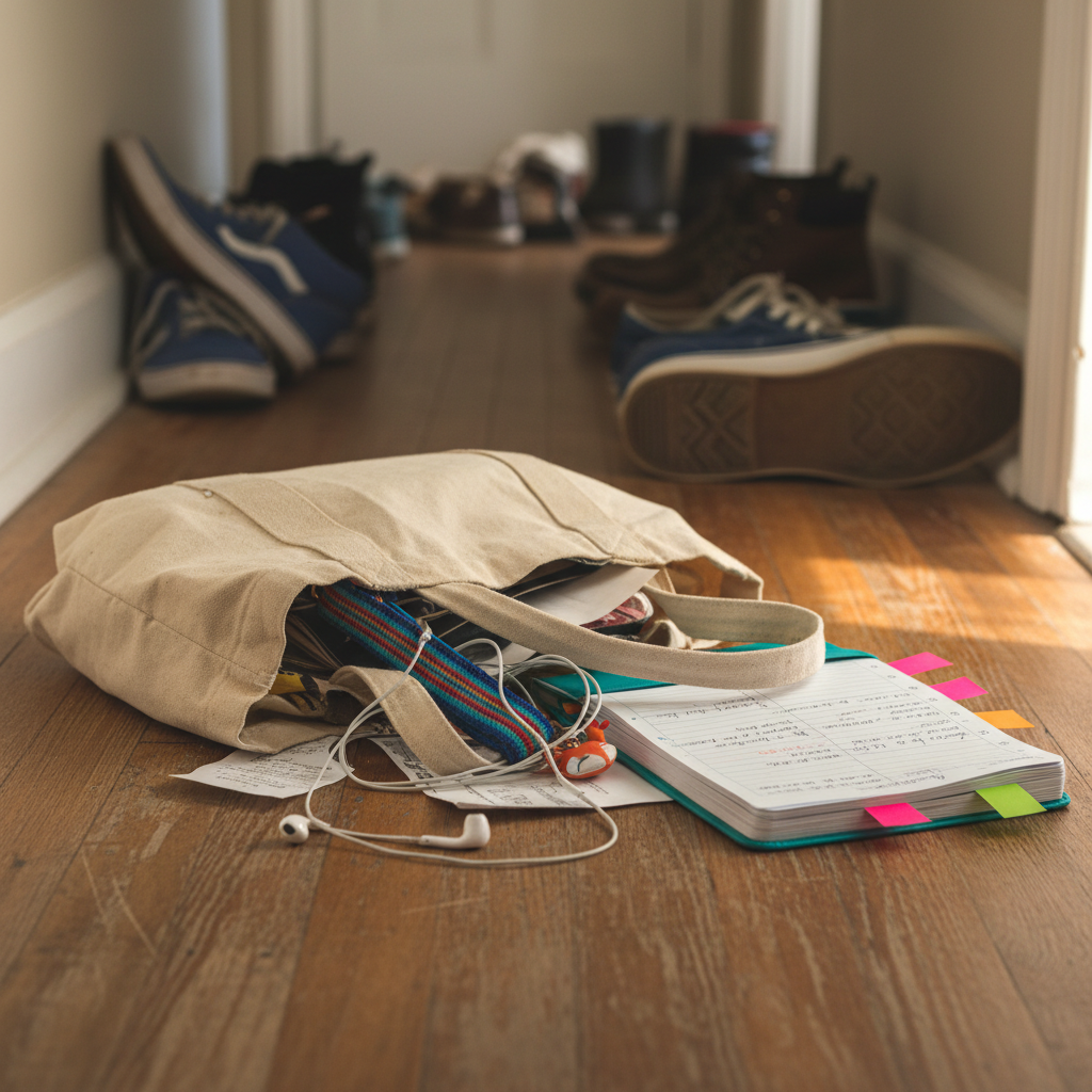 An overstuffed canvas tote bag collapsed on a hallway floor of worn hardwood planks, spilling out a tangled pair of earbuds, crumpled receipts, a brightly colored keychain, and a slim planner splayed open with tiny sticky notes jutting out at odd angles. Diffused late-afternoon light from an unseen window creates soft highlights on the bag’s textured fabric and gentle shadows along the scuffed floorboards. In the blurred background, a crooked row of shoes leans against the wall, one sneaker turned sideways. Photographic realism, eye-level composition with a shallow depth of field, evokes the playful, relatable chaos of coming home after a long everyday workday.