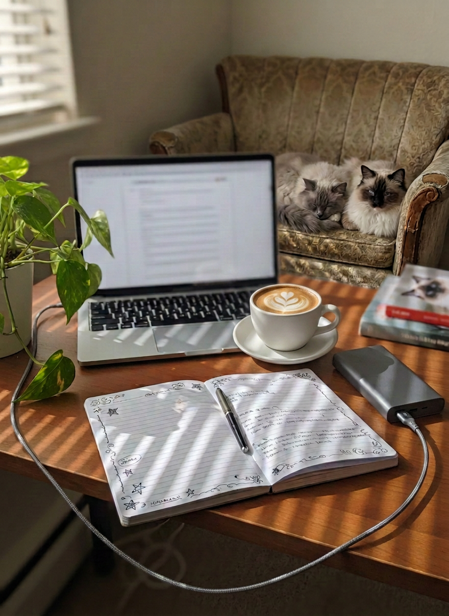 Daily life A slightly messy wooden desk in a small apartment, strewn with a slim silver laptop, a half-eaten slice of toast, a crooked notebook with doodles along the margins, and a pristine white ceramic coffee mug with a faint lipstick-like smudge replaced by a small red heart sticker. Soft morning light filters through off-frame blinds, casting striped shadows over the keyboard and notebook. A small, overwatered houseplant droops in the corner of the frame, leaves catching tiny highlights. Photographic realism, shot from a slightly elevated angle with shallow depth of field, creates an intimate, relatable mood of everyday work and life blending together in a playful, slightly chaotic atmosphere.